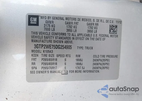 2013 GMC Sierra 1500 Slt из США, поврежденный, VIN 3GTP2WE7SDG254905